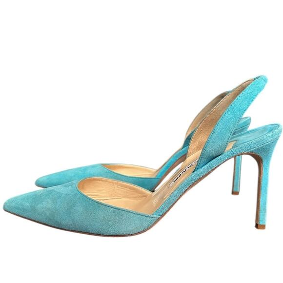 Manolo Blahnik Carolyne Aqua Suede Slingback Pointed Toe Pump 39.5 - Picture 10 of 10